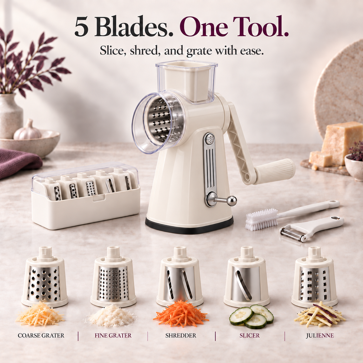 Rotary Cheese Grater with 5 Stainless Steel Drum Blades